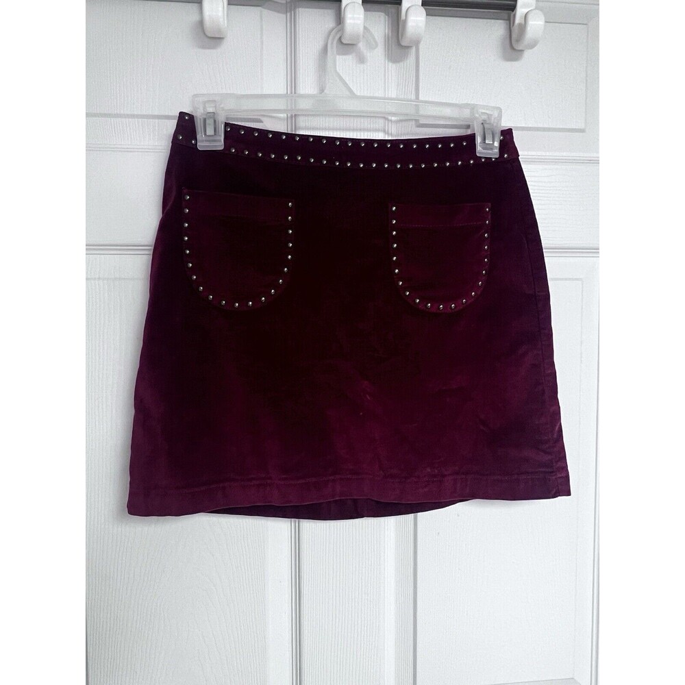 Mossimo Velvet -Burgundy Red Studded Mini Skirt Size 6 Pockets Back Zip